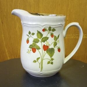 Vintage Stoneware Strawberry & Floral Pitcher, Sunmarc Endura, Cream Red Green